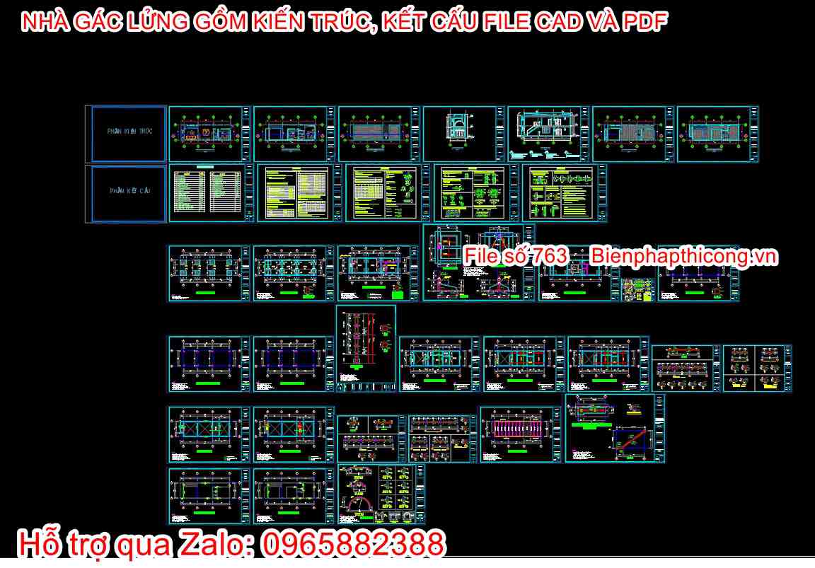 Bản vẽ thiết kế phần kiến trúc kết cấu nhà gác lửng 5m x 16m.