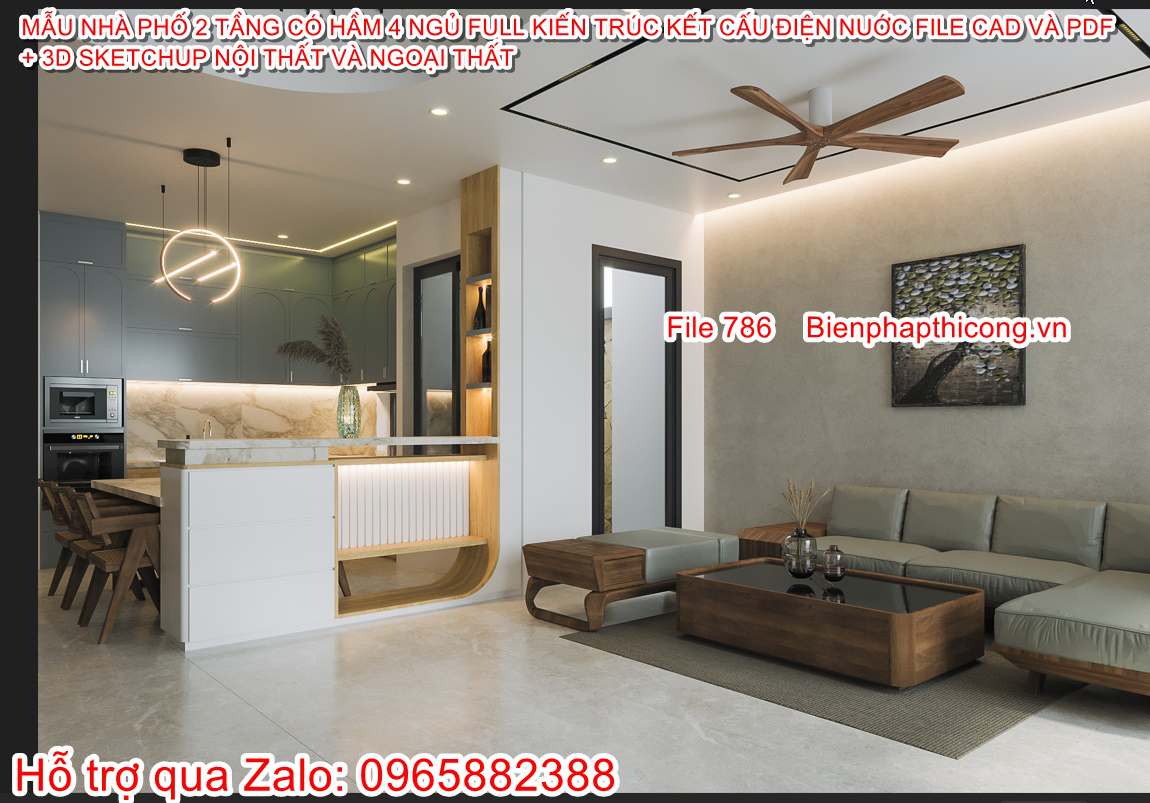 File thiết kế phòng khách hiện đại nhà 2 tầng có hầm 6,7m x 22,5m.