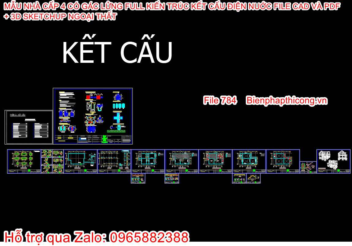 Hồ sơ bản vẽ kết cấu nhà cấp 4 mái thái có gác lửng 8m x 13m.