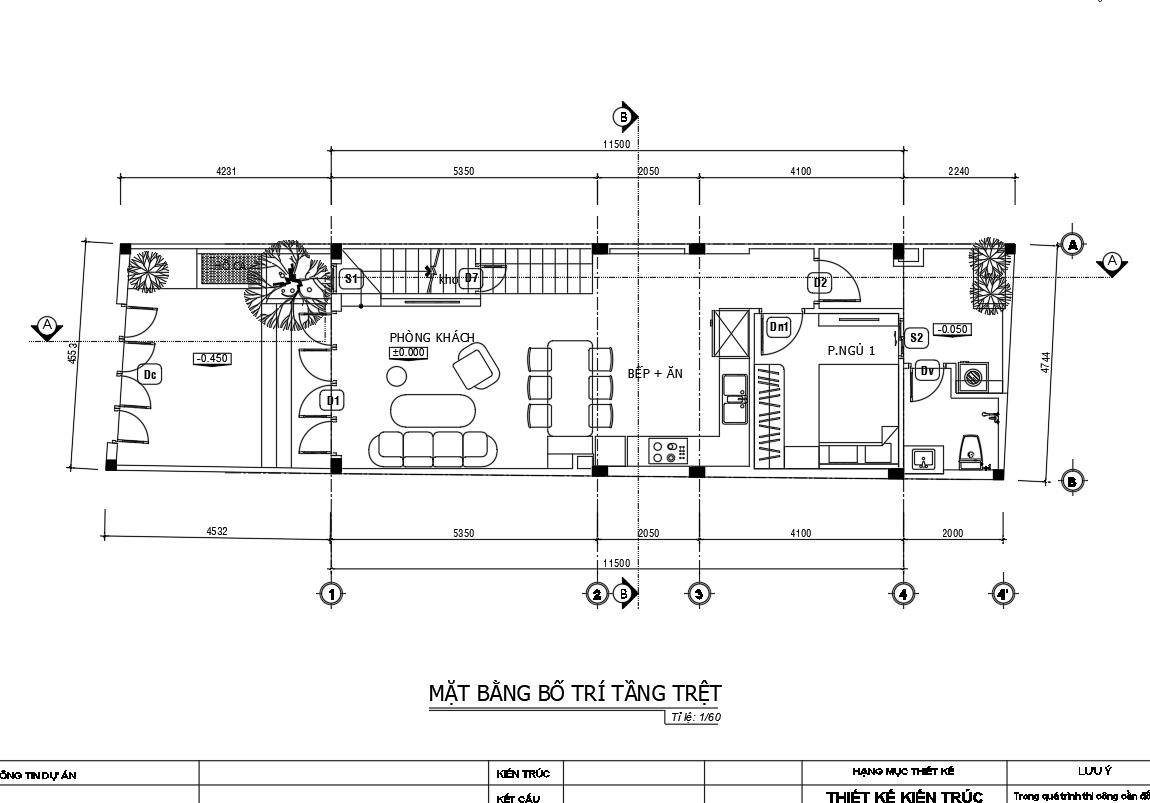 Mặt bằng tầng 1 nhà phố 3 tầng 4 ngủ hiện đại full.