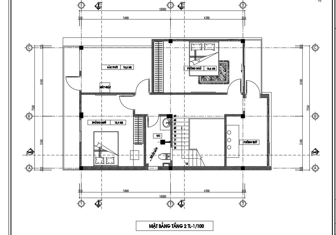 Mặt bằng tầng 2 nhà phố 2 tầng 7,5m x 10m 3 ngủ.
