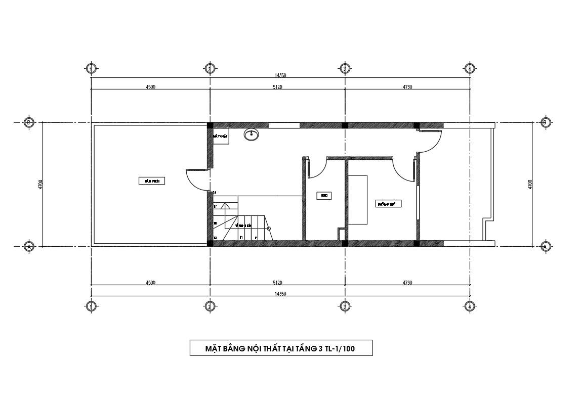 Mặt bằng tầng 3 file cad nhà 3 tầng 4,7m x 14,3m.
