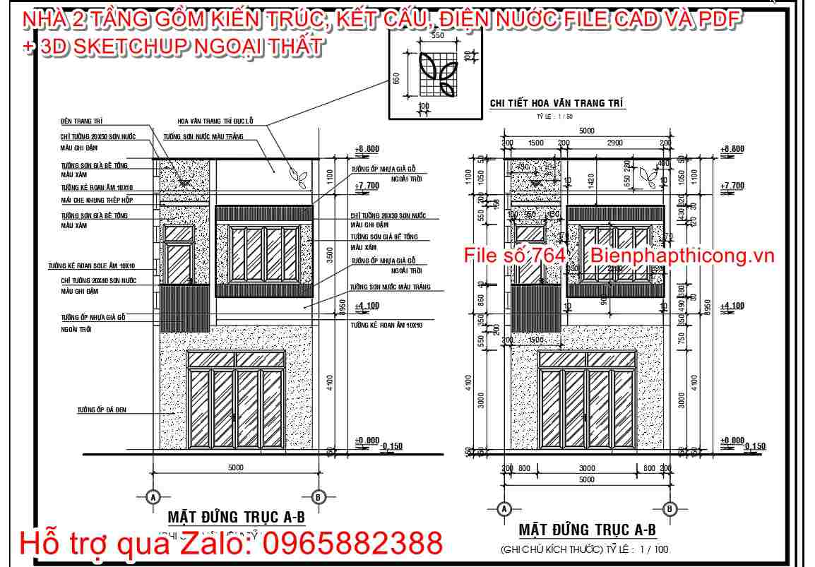 Mặt đứng công trình nhà ống 1 trệt 1 lầu 5m x 18m.