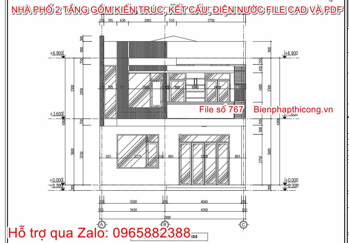 Mặt đứng công trình nhà phố 2 tầng 8m x 9m.