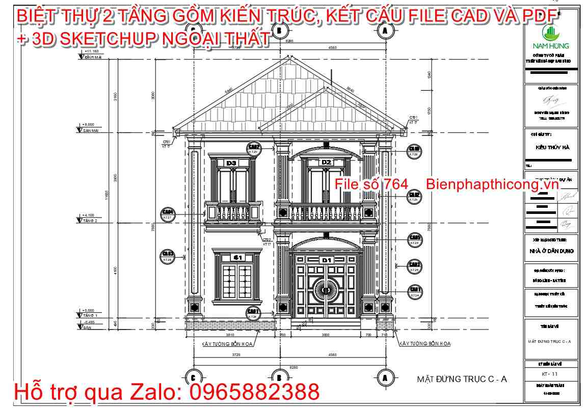 Mặt đứng nhà mái nhật 2 tầng tân cổ cad 8,5m x 11m.