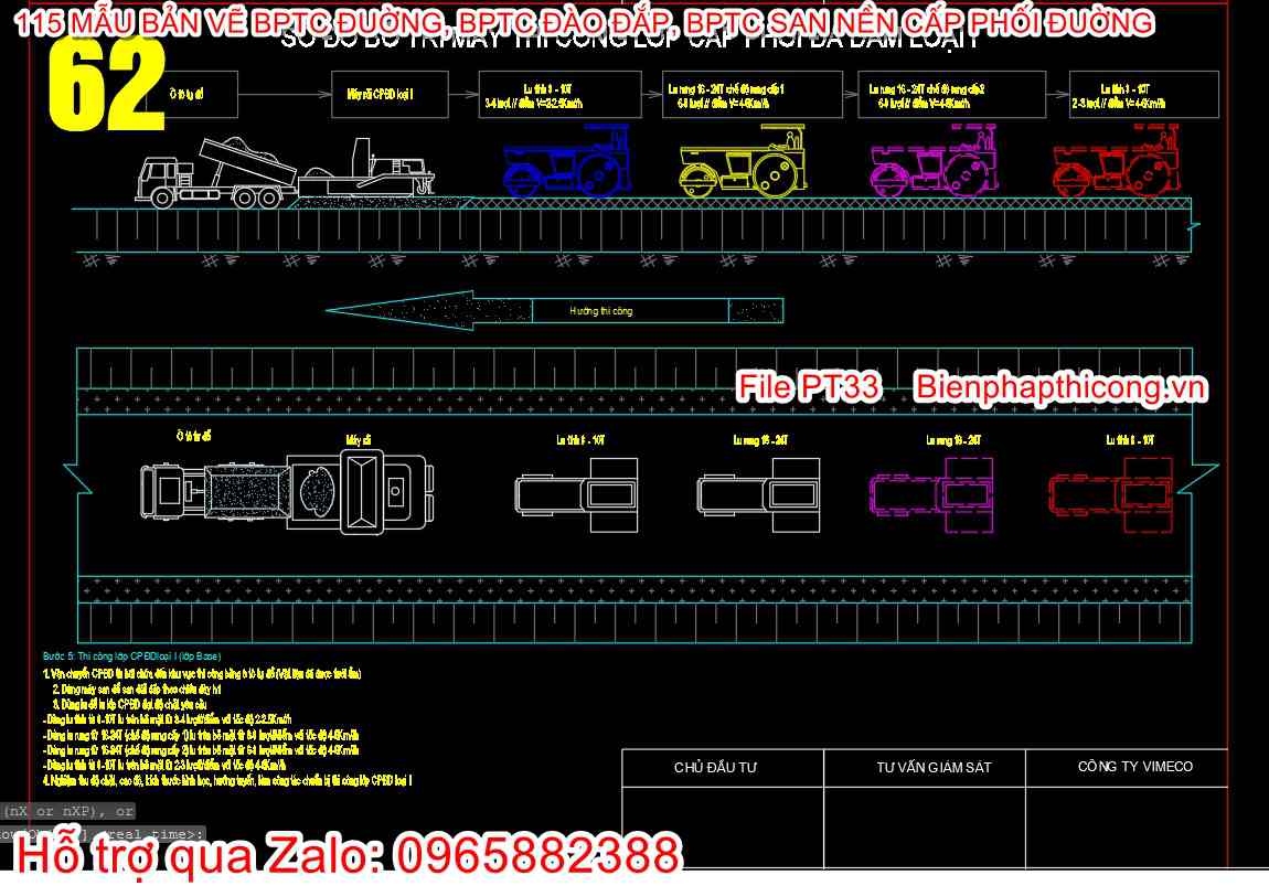Sơ đồ bố trí máy thi công lớp cấp phối đá dăm loại 1.