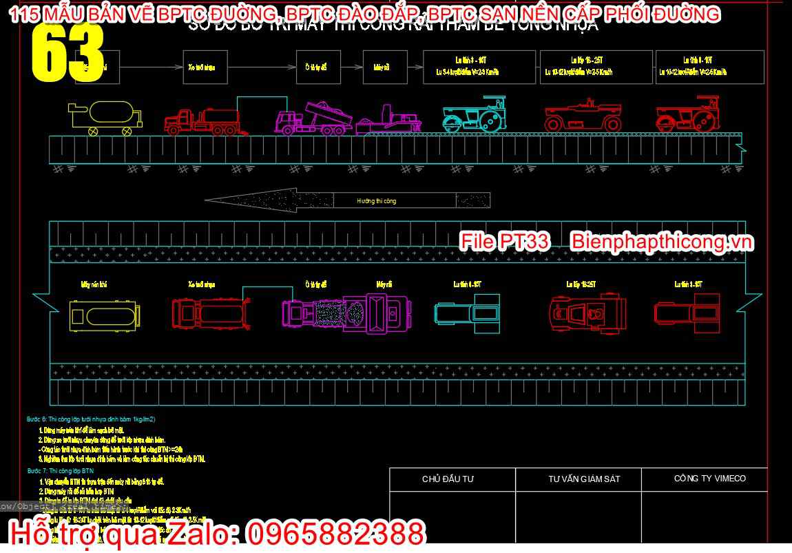 Sơ đồ bố trí máy thi công rải thảm bê tông nhựa cad.