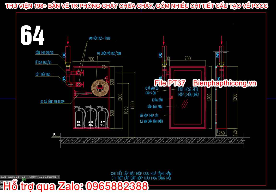 Bản vẽ chi tiết lắp đặt hộp cứu hỏa tầng hầm cad.