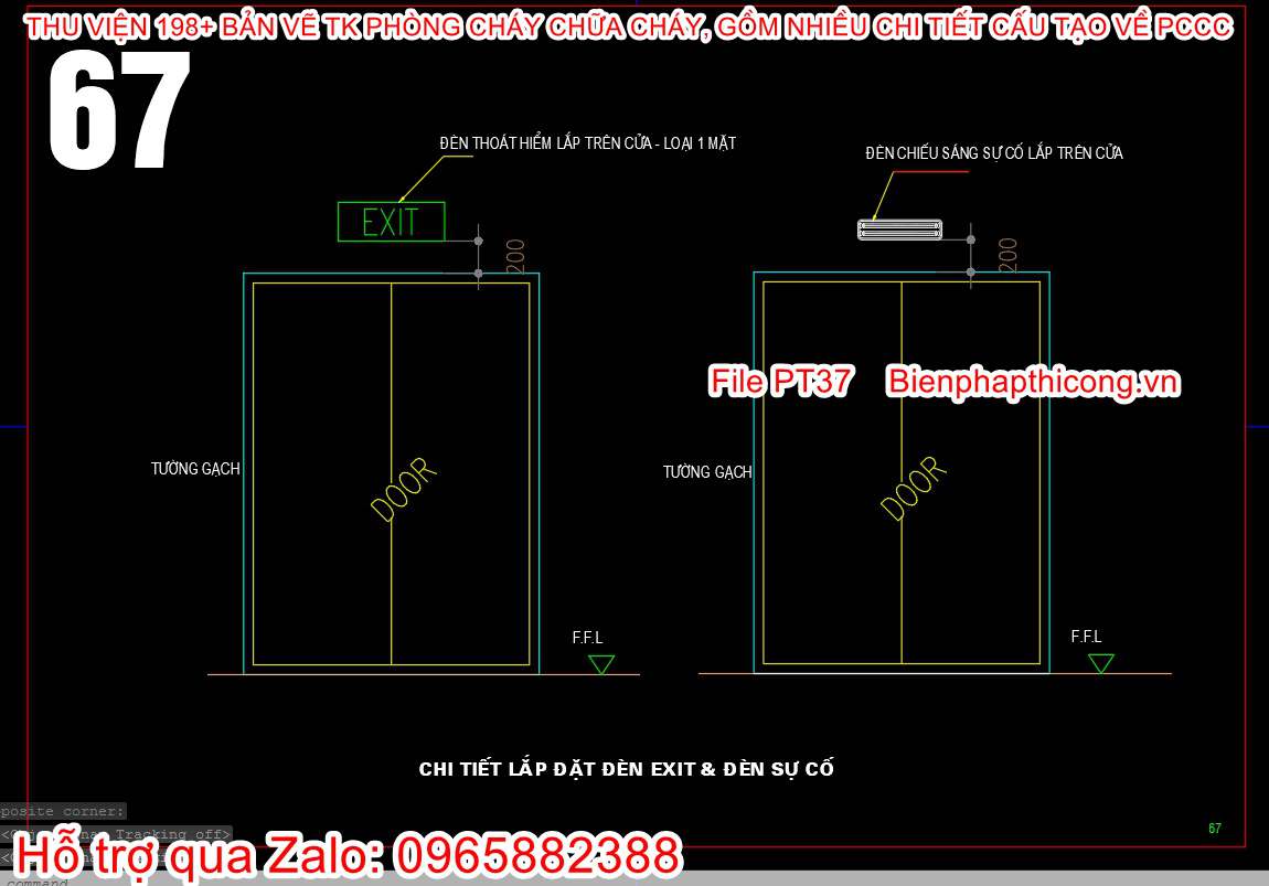 Bản vẽ chi tiết lắp đặt đèn exit và đèn sự cố.