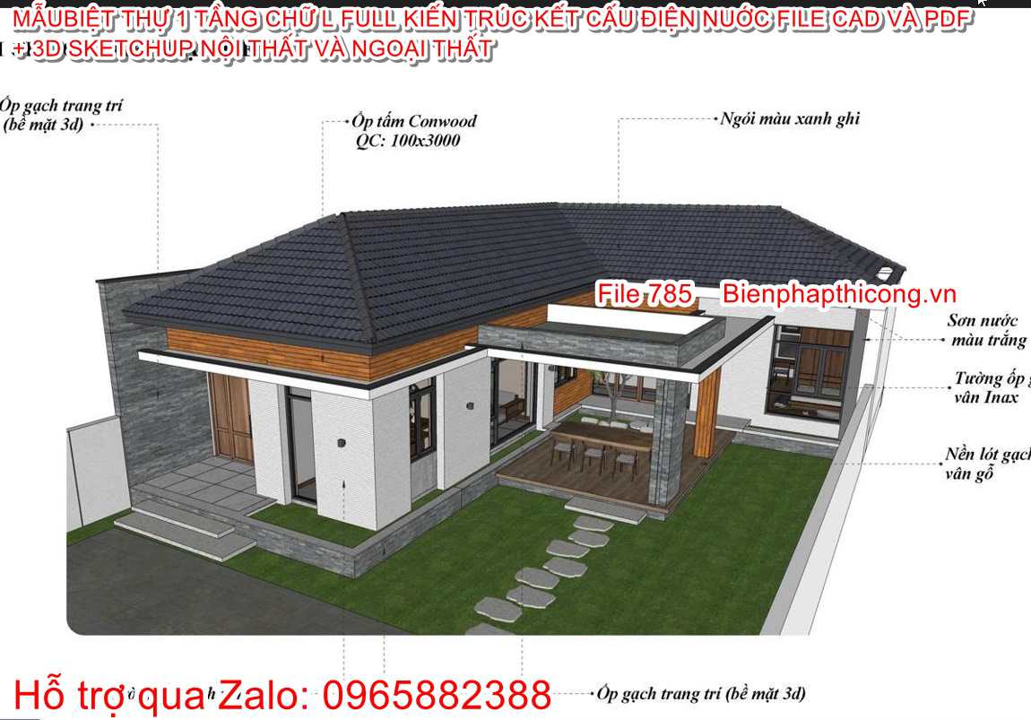 3D sketchup ngoại thất nhà 1 tầng 3 ngủ 14m x 20m.
