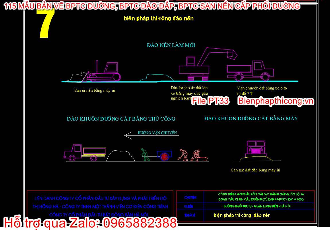 Bản vẽ biện pháp thi công đào nền đường cad.