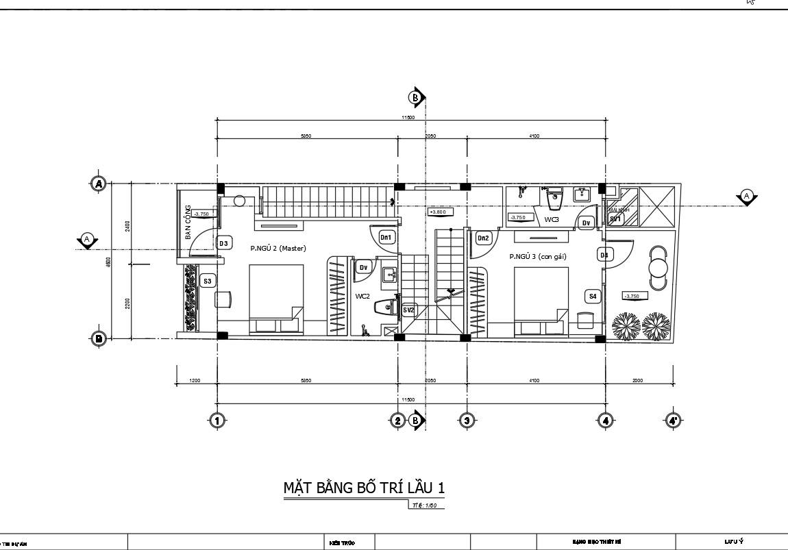 Bản vẽ cad nhà phố 3 tầng 4 ngủ hiện đại.