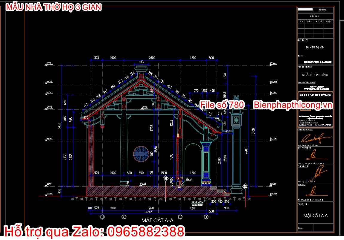 Bản vẽ mặt cắt nhà thờ họ 3 gian.