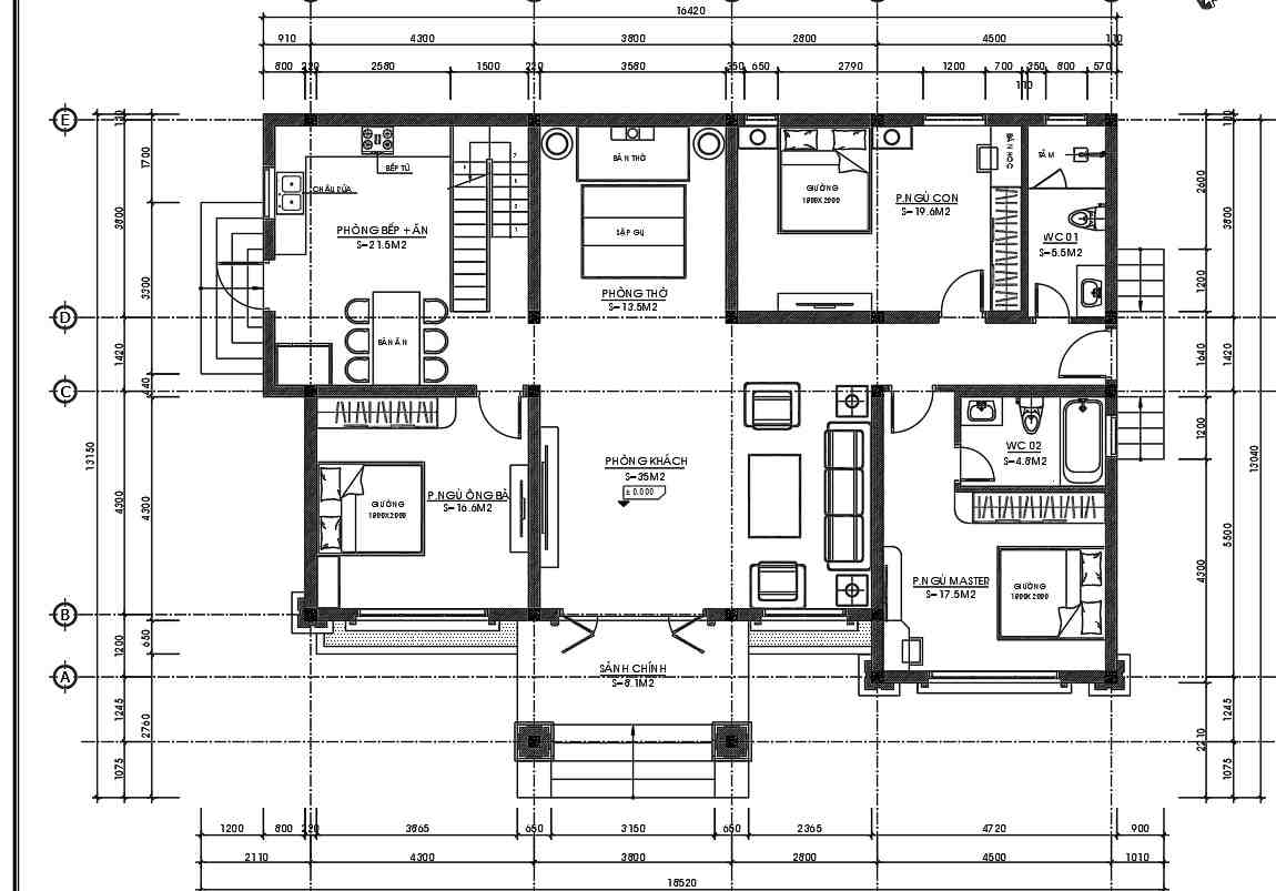 Mặt bằng nhà cấp 4 3 ngủ mái nhật 16,5m x 11m 160m2.