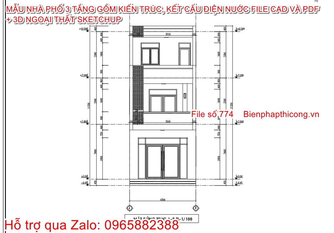 Mặt đứng công trình nhà ống 3 tầng 4,7m x 14,3m.