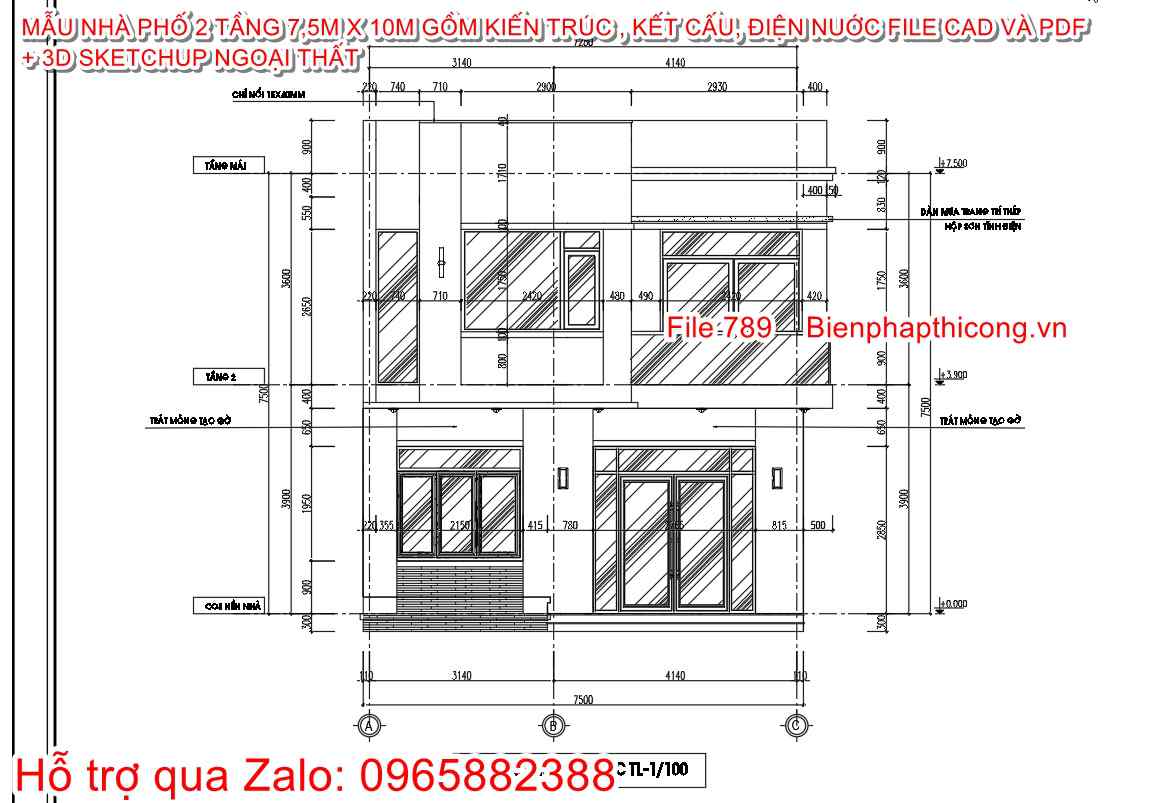 Mặt đứng nhà phố 2 tầng 7,5m x 10m 3 ngủ đẹp.