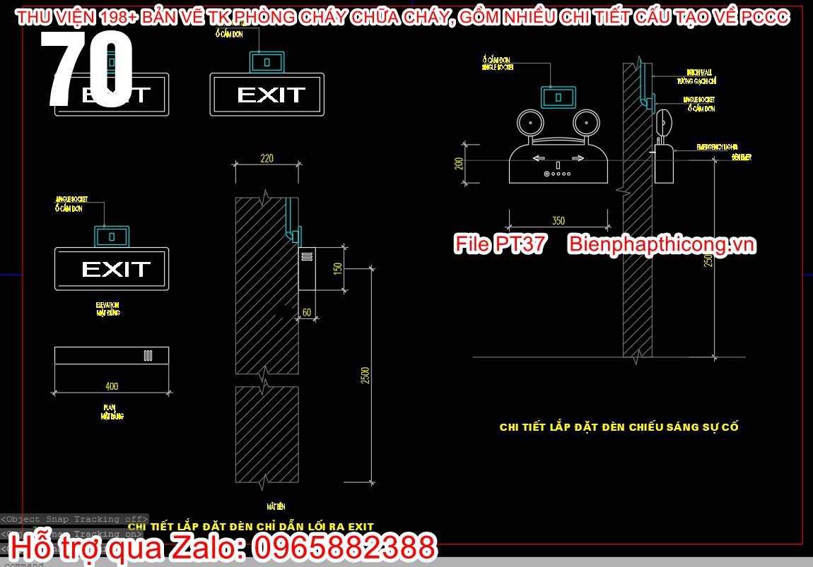 Bản vẽ chi tiết lắp đặt đèn chỉ dẫn lối ra exit.