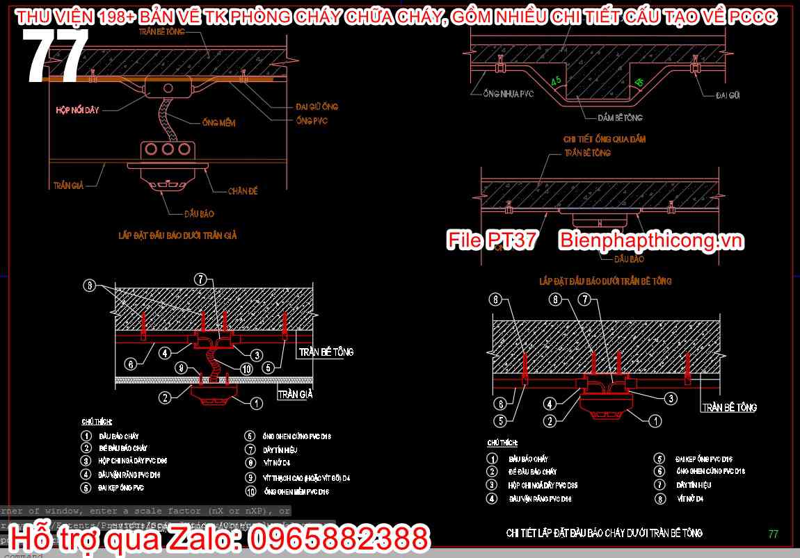 Bản vẽ chi tiết lắp đặt đầu báo cháy dưới trần giả cad.
