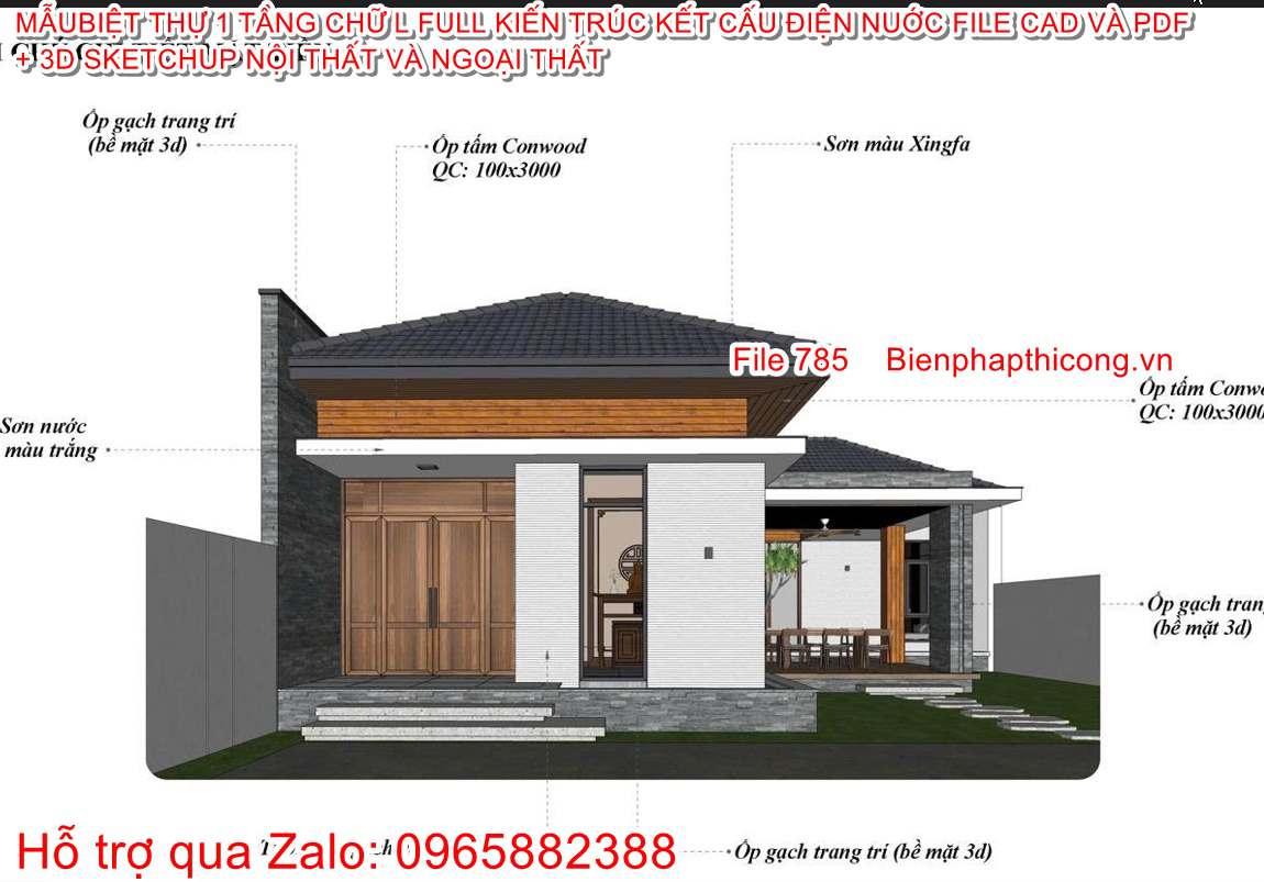 3D sketchup biệt thự 1 tầng mái nhật 3 ngủ đẹp.