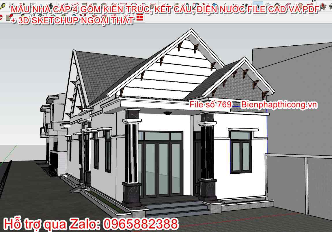 3D sketchup ngoại thất mái thái 1 tầng 7m x 17,7m.
