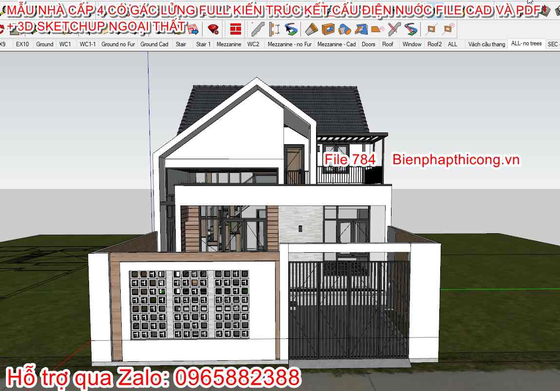 3D sketchup nhà cấp 4 gác lửng 8m x 13m 3 ngủ đẹp.