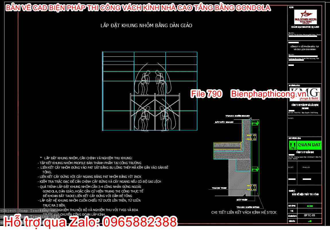 Bản vẽ bptc lắp đặt khung nhôm bằng dàn giáo cad.