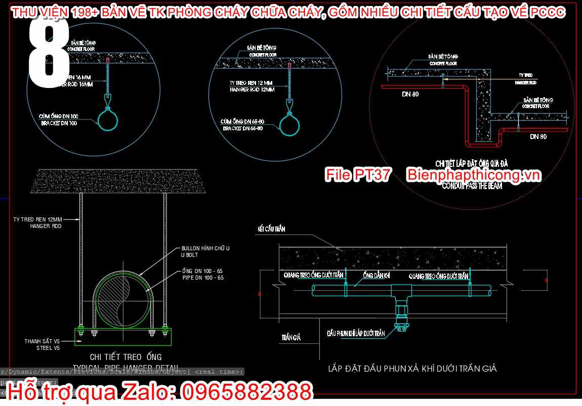 Bản vẽ lắp đặt đầu phun xả khí dưới trần giả.