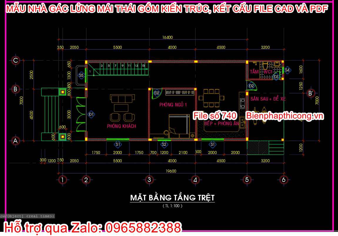 Bản vẽ thiết kế tầng 1 nhà gác lửng 7m x 17,3m.