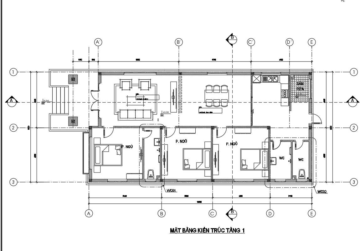 Mặt bằng tầng 1 nhà mái nhật 8,2m x 16,5m 3 ngủ.