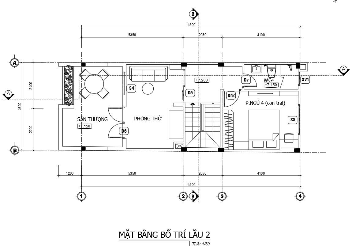 Mặt bằng tầng 3 nhà ống 3 tầng hiện đại rộng 4,6m x 13,5m.