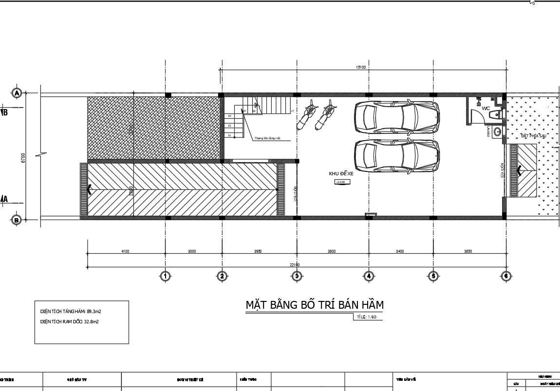 Mặt bằng tầng hầm nhà phố 2 tầng có hầm 6,7m x 22,5m.