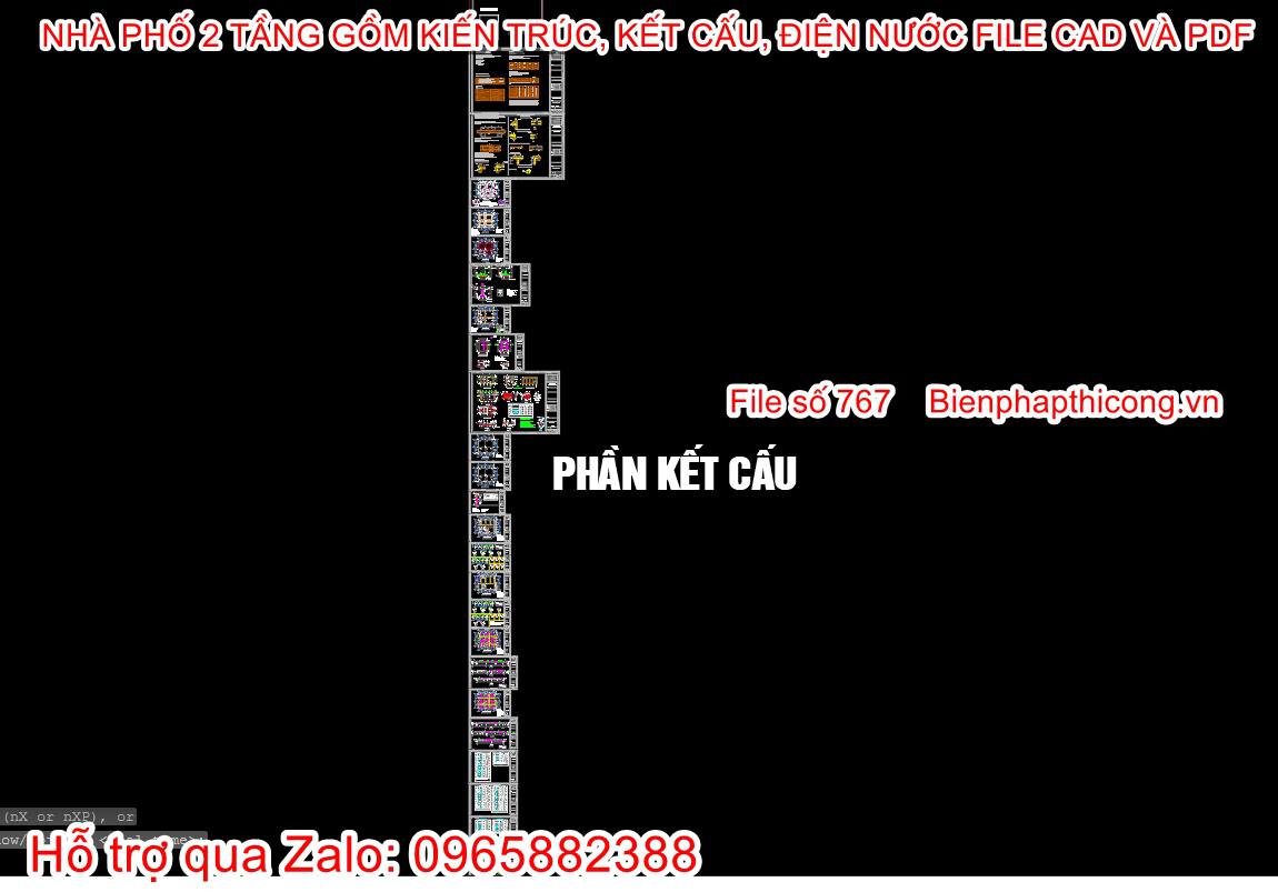 Phần kết cấu nhà ống 2 tầng mặt tiền 8m x 9m cad đẹp.