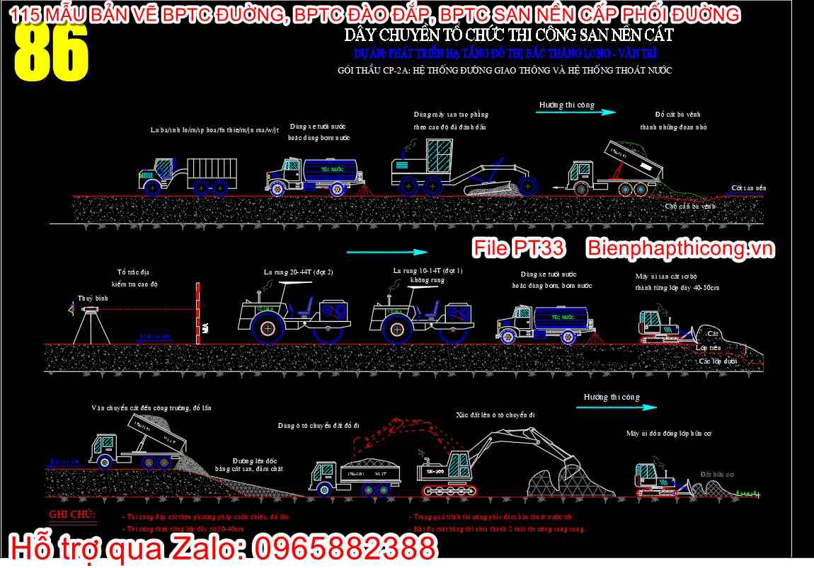Dây chuyền tổ chức thi công san nền cát cad.