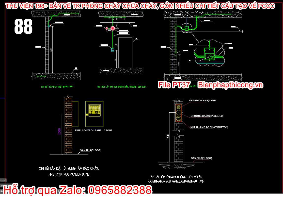 Chi tiết lắp đặt nút nhấn khẩn, chuông đèn báo cháy cad.