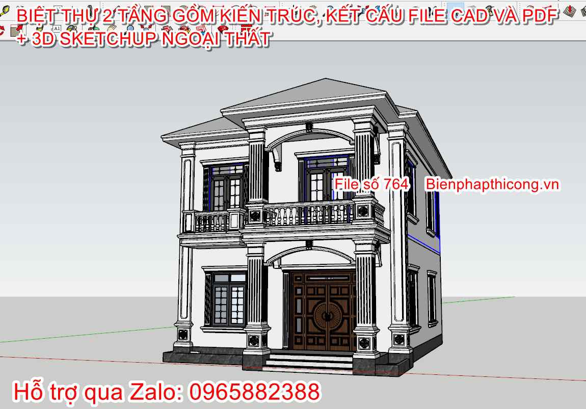 3D sketchup ngoại thất nhà 2 tầng tân cổ 8,5m x 11m.