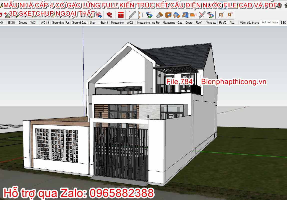 3D sketchup nhà cấp 4 gác lửng mái thái 8m x 13m 3 ngủ.
