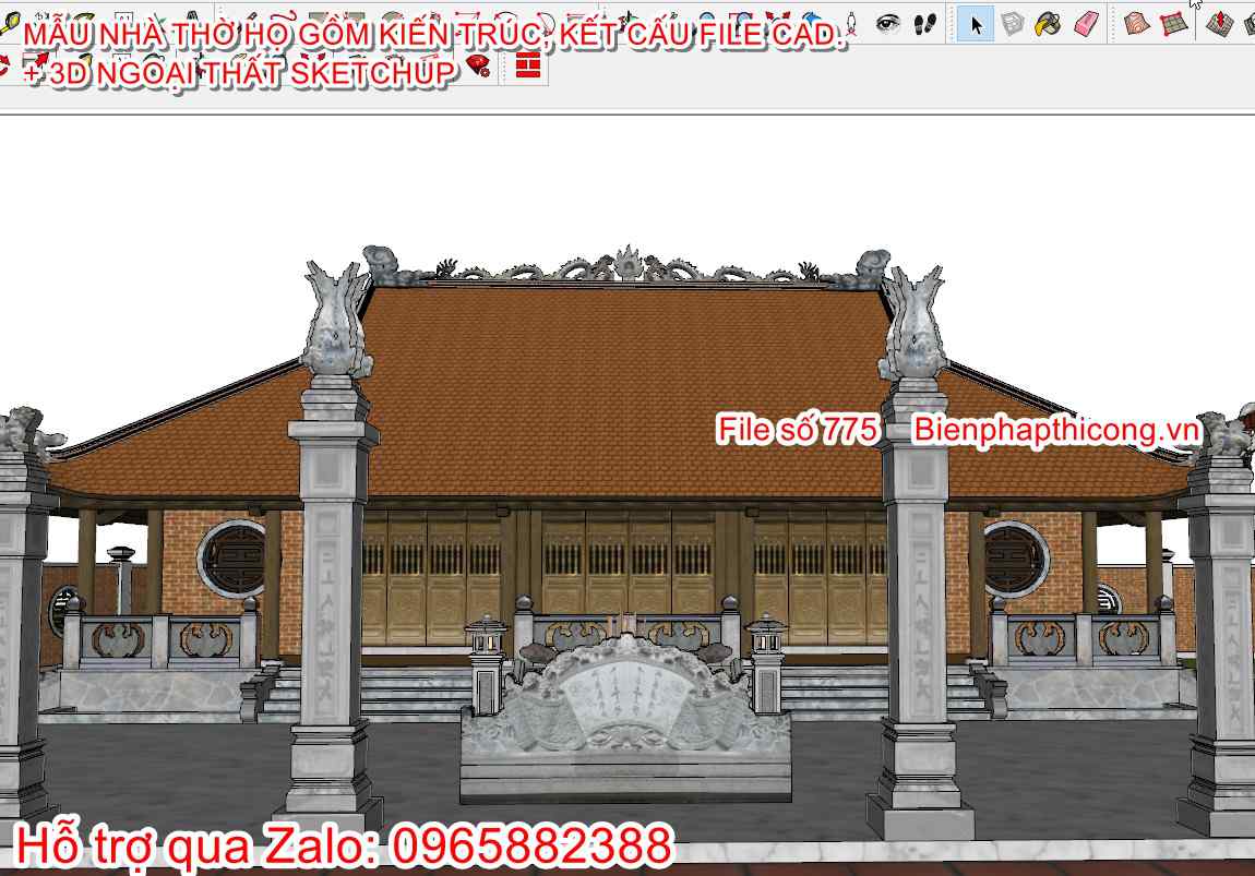 3D sketchup nhà thờ họ 5 gian đẹp.