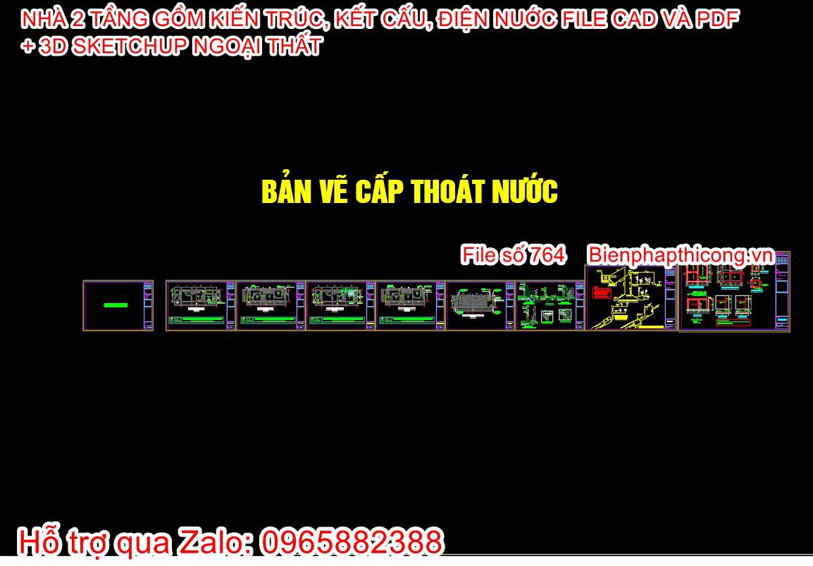 Bản vẽ cấp thoát nước nhà ống 2 tầng rộng 5m x 18m.