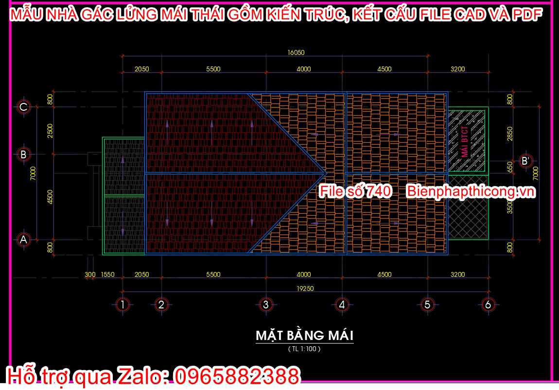 Bản vẽ mặt bằng mái nhà gác lửng 7m x 17,3m.