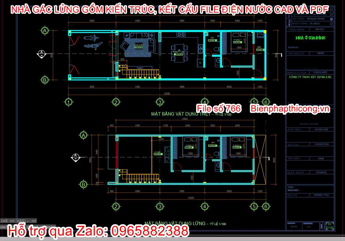 Bản vẽ thiết kế nhà gác lửng ngang 5m x 14m 3 ngủ.