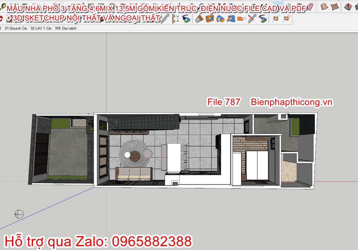 Mặt bằng 3d sketchup nhà ống full nội thất.