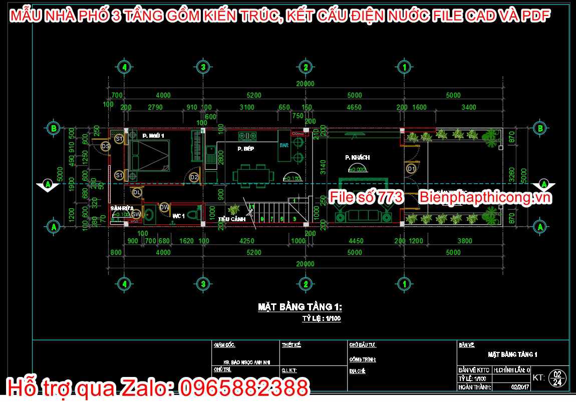 Mặt bằng tầng 1 nhà ống 3 tầng cad đẹp.