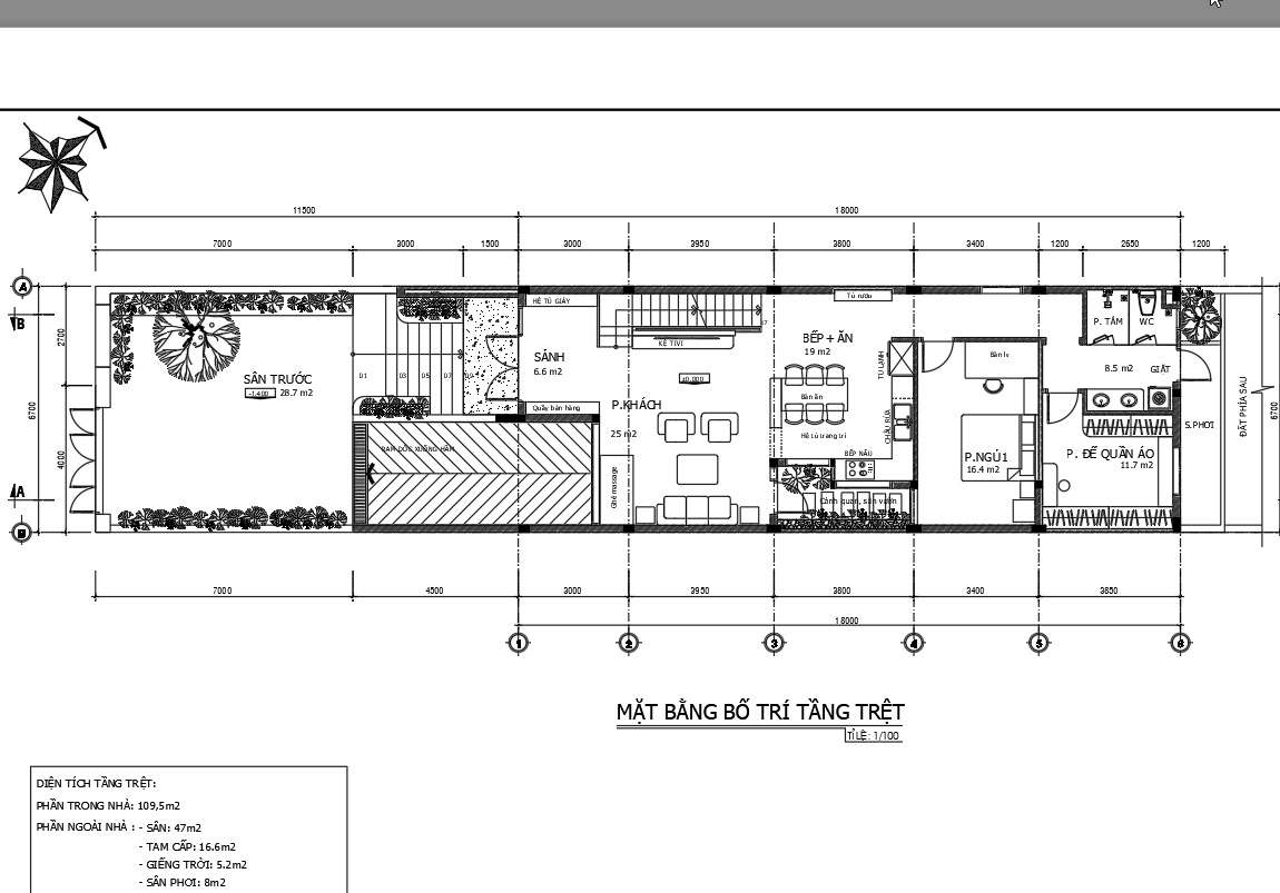 Mặt bằng tầng 1 nhà phố 2 tầng có hầm 4 ngủ 6,7m x 22,5m.