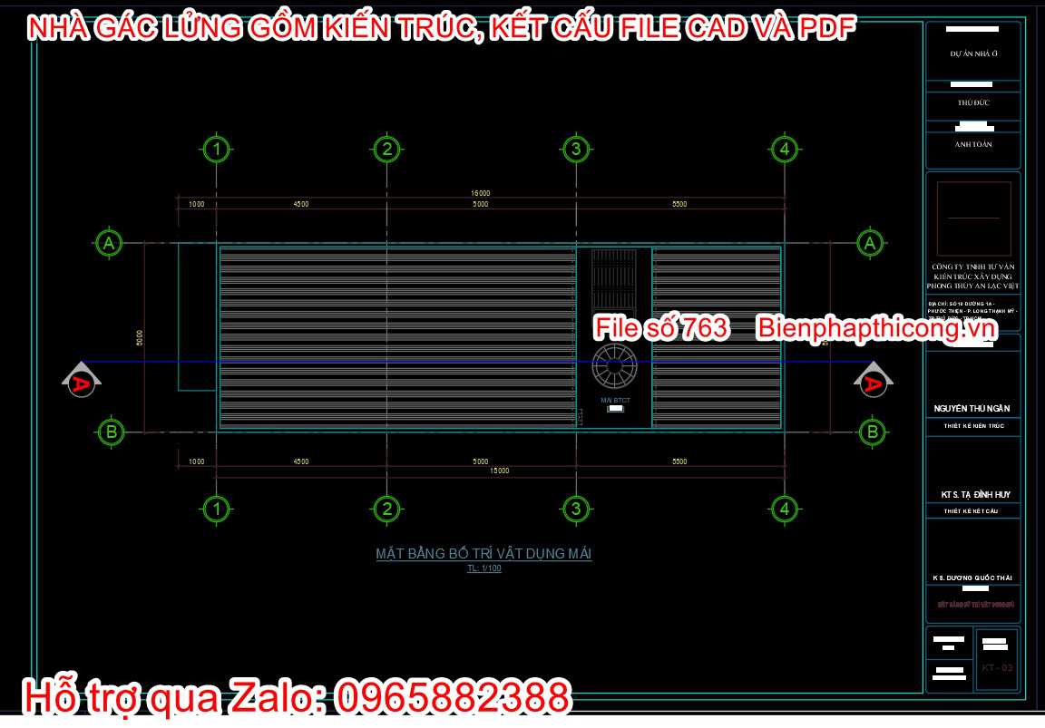 Mặt bằng tầng mái nhà gác lửng 5m x 16m đẹp.