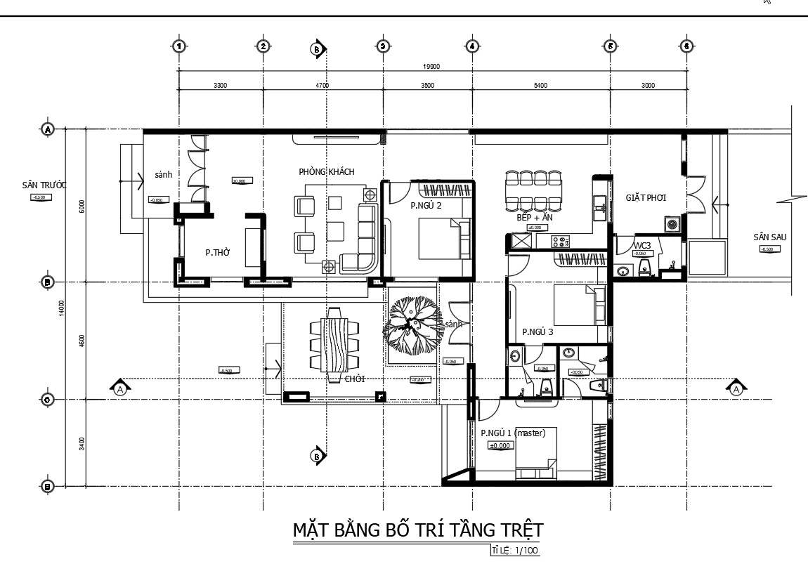 Mặt bằng thiết kế nhà 1 tầng mái nhật 3 ngủ 14m x 20m.