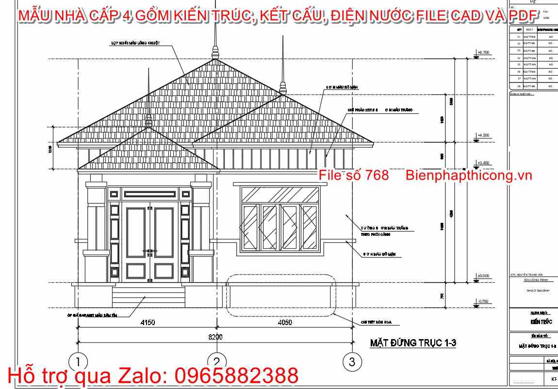 Mặt đứng cad nhà cấp 4 8,2m x 16,5m.