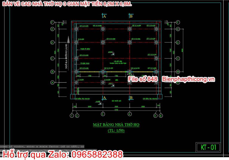 Tải bản vẽ thiết kế nhà thờ họ 3 gian 8,2m x 6,8m cad