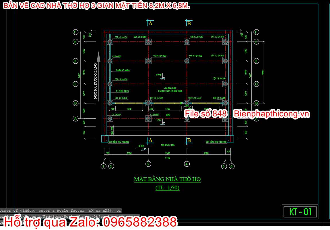 Mặt bằng bản vẽ nhà thờ họ 3 gian cad.