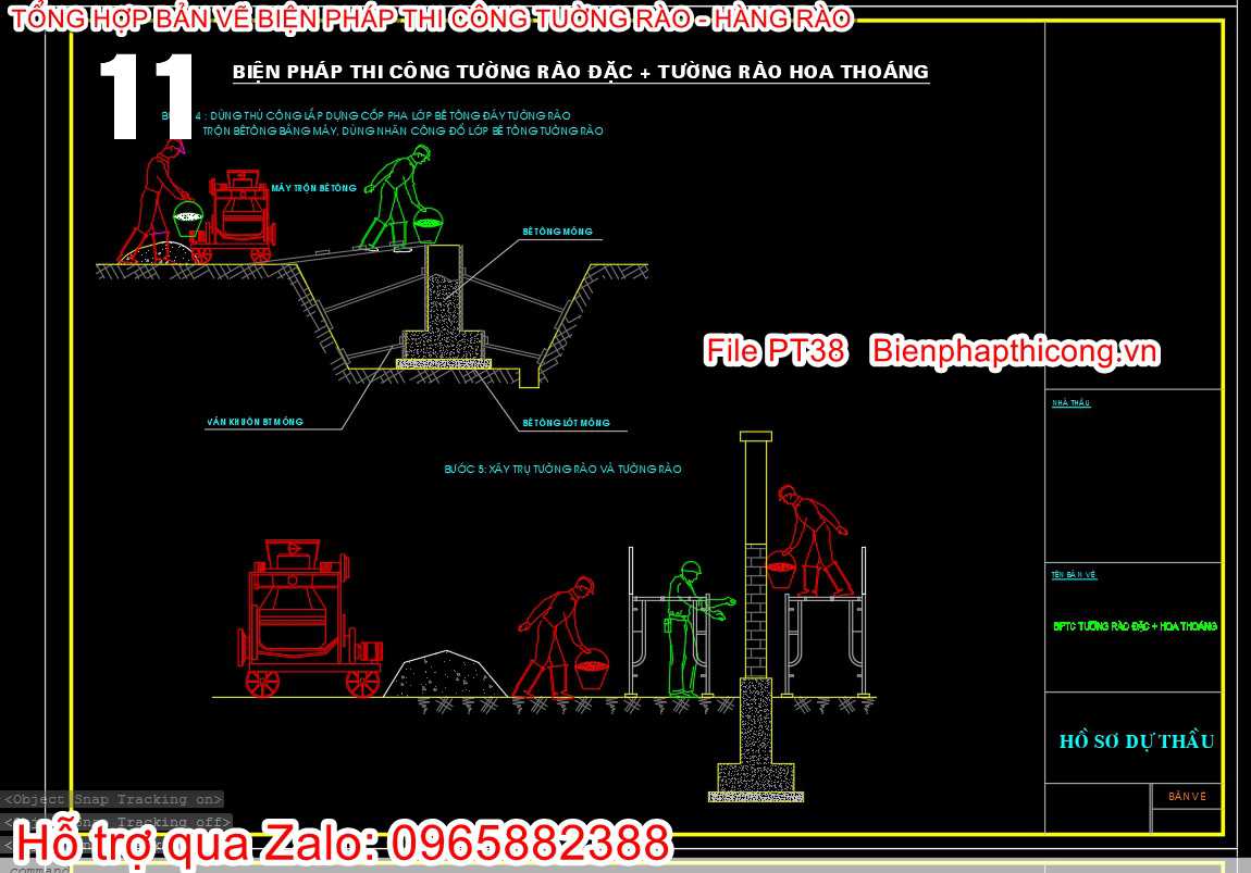 Bản vẽ bptc tường rào đặc, tường rào hoa thoáng.