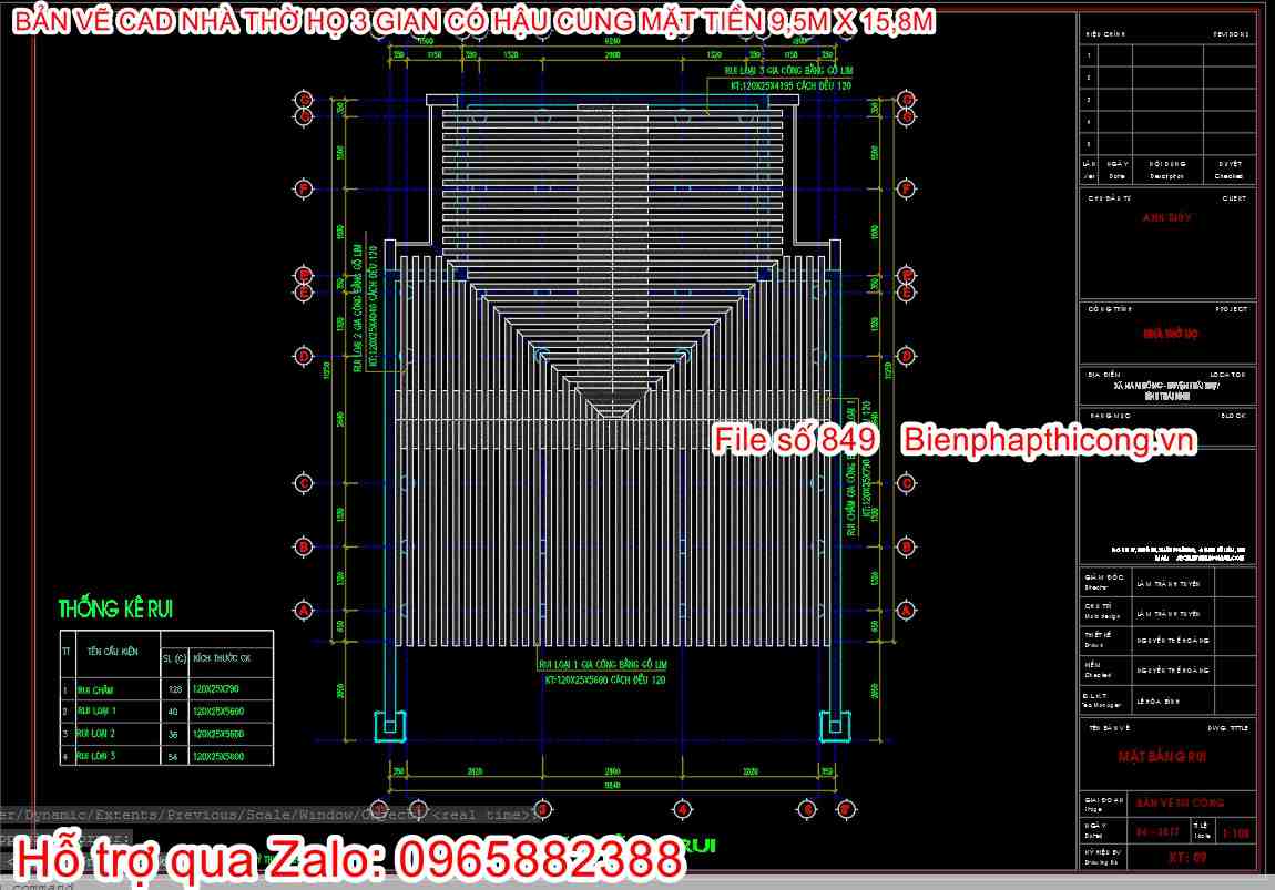 Bản vẽ mặt bằng rui nhà thờ họ 3 gian.